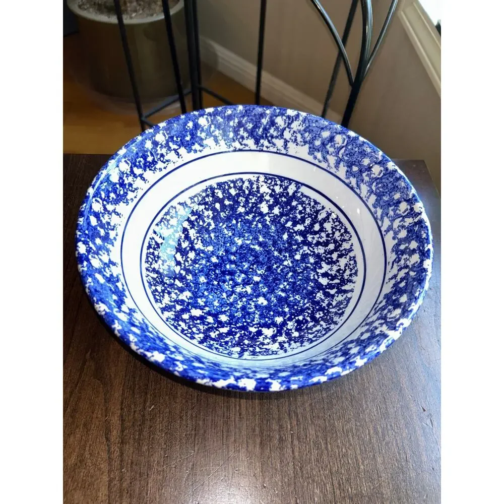 Vintage Himark Blue and White Spongeware serving bowl Italy 10”